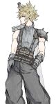  1boy armor baggy_pants bandaged_arm bandages belt blonde_hair blue_eyes buster_sword cloud_strife cowboy_shot earrings fe79793 final_fantasy final_fantasy_vii final_fantasy_vii_remake gloves grey_pants grey_shirt hand_in_pocket hand_on_hip highres jewelry looking_to_the_side male_focus multiple_belts pants profile shirt short_hair shoulder_armor single_bare_shoulder single_earring sleeveless sleeveless_turtleneck solo spiky_hair standing suspenders toned toned_male traditional_media turtleneck weapon weapon_on_back white_background 