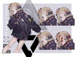  1girl :o abigail_williams_(fate) abigail_williams_(traveling_outfit)_(fate) bangs barcode black_bow black_jacket blonde_hair blood blood_on_face blue_eyes bow character_name cowboy_shot crossed_bandaids crying expressions fate/grand_order fate_(series) frown grey_background hair_bow hand_up highres jacket long_sleeves looking_at_viewer modotteku multiple_hair_bows open_mouth orange_belt orange_bow parted_bangs portrait sleeves_past_fingers sleeves_past_wrists smile tears 