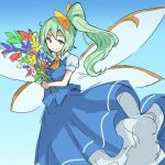  1girl ascot blue_background blue_sky bouquet bow daiyousei exkagerou8665 fairy_wings flower green_eyes green_hair highres looking_at_viewer puffy_sleeves shirt short_sleeves sky smile solo tareme touhou wings 
