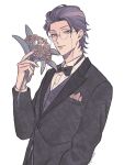  1boy arm_at_side artist_name black_bow black_bowtie bow bowtie flower formal glasses grey_hair highres holding holding_flower hypnosis_mic looking_at_viewer male_focus pocket_square purple_hair simple_background suit tsutsujimori_roshou upper_body vest violet_eyes white_background zattacafe 