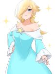  1girl bare_shoulders blonde_hair blue_eyes closed_mouth earrings hair_over_one_eye highres jewelry long_sleeves looking_at_viewer medium_hair rosalina simple_background smile solo star_(symbol) star_earrings super_mario_bros. super_mario_galaxy super_mario_galaxy_2 tomatomiya upper_body white_background 