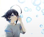  1boy absurdres ahoge black_hair blue_eyes blue_nails earrings hair_between_eyes highres jewelry kohianji multicolored_hair open_mouth original short_hair short_sleeves simple_background soap_bubbles streaked_hair 