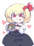  1girl black_skirt black_vest blonde_hair blush_stickers burger closed_mouth collared_shirt food fried_rice0614 hair_ribbon heart highres holding holding_food long_sleeves one-hour_drawing_challenge red_eyes red_ribbon ribbon rumia shirt short_hair simple_background skirt smile solo tongue tongue_out touhou vest white_background white_shirt 