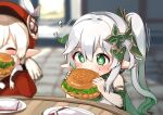  2girls 3d_background ^_^ ahoge bangs blurry blush burger cabbie_hat closed_eyes clover_print coat commentary_request depth_of_field detached_sleeves dress eating food food_on_face genshin_impact gradient_hair green_eyes hair_between_eyes hair_ornament hat hat_feather hat_ornament highres holding holding_food klee_(genshin_impact) light_brown_hair long_hair long_sleeves looking_down low_twintails meriibe multicolored_hair multiple_girls nahida_(genshin_impact) plate pointy_ears red_coat short_sleeves side_ponytail sidelocks solo_focus symbol-shaped_pupils table trait_connection twintails white_dress white_hair 