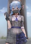  1girl ascot belt beret blue_eyes blue_hair cellphone dress gloves hair_between_eyes hat highres holding holding_phone hololive hoshimachi_suisei looking_at_viewer mask medium_hair mouth_mask partially_fingerless_gloves phone plaid plaid_dress side_ponytail solo tikuwazyousyou virtual_youtuber 