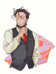  1boy alternate_costume beard black_hair black_vest breast_pocket character_name collared_shirt commentary_request contemporary cropped_torso facial_hair food formal hair_slicked_back hand_in_pocket hand_on_own_chin hand_up highres long_sleeves looking_at_viewer made_in_abyss male_focus necktie parted_lips pie pie_slice pocket raised_eyebrow red_necktie sansanpai shirt smile solo vest waistcoat wazukyan_(human) white_background white_shirt wing_collar yellow_eyes 