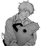  1boy chainsaw chainsaw_man collared_shirt denji_(chainsaw_man) frown grey_hair greyscale highres hug indian_style looking_to_the_side monochrome open_mouth pochita_(chainsaw_man) sad shirt short_hair simple_background sitting sleeves_rolled_up stuffed_toy tasuketemama tearing_up white_background wrinkled_fabric 