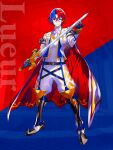  1boy alear_(fire_emblem) alear_(fire_emblem)_(male) armor bangs blue_eyes blue_hair boots cape crossed_bangs fire_emblem gloves heterochromia highres holding holding_sword holding_weapon multicolored_hair official_art pointy_footwear red_eyes redhead smile sword two-tone_hair weapon 