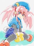  1girl blue_eyes blush cosplay foot_out_of_frame gloves hat kaze_no_klonoa long_hair looking_at_viewer lowres maruru_(marimo811) open_mouth pac-man_(game) pink_hair presea_combatir simple_background solo tales_of_(series) tales_of_symphonia twintails 