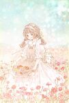  1girl apron artist_name blue_sky blush blush_stickers braid brown_eyes brown_hair clothes_lift collared_dress cosmos_(flower) day dress field flower flower_field frilled_apron frilled_dress frilled_sleeves frills gradient_sky hair_ribbon hairband highres long_dress looking_at_viewer momochy orange_flower original pale_color pastel_colors pinafore_dress pink_apron pink_flower pink_hairband pink_ribbon puffy_sleeves rabbit red_flower ribbon short_twintails signature sky sleeves_past_wrists smile standing star_(sky) star_(symbol) twin_braids twintails yellow_flower 
