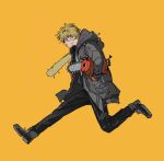  1boy blonde_hair blood blood_on_face carrying carrying_under_arm chainsaw chainsaw_man denji_(chainsaw_man) eyepatch grey_hoodie highres hood hoodie jumping looking_to_the_side midair open_mouth pochita_(chainsaw_man) shinamoku00 short_hair simple_background yellow_background 
