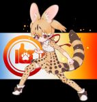  1girl animal_costume animal_ear_fluff animal_ears bow bowtie brown_eyes brown_hair cat_ears cat_girl cat_tail extra_ears kemono_friends kneehighs large-spotted_genet_(kemono_friends) long_hair looking_at_viewer multicolored_hair notora ribbon shirt shoes skirt socks solo tail twintails 