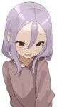  1girl absurdres brown_eyes brown_sweater commentary_request hair_between_eyes highres long_sleeves looking_at_viewer medium_hair open_mouth purple_hair simple_background smile solo soredemo_ayumu_wa_yosetekuru sweater upper_body white_background yamamoto_souichirou yaotome_urushi 