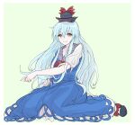  1girl blue_dress blue_hair blue_headwear brown_eyes closed_mouth dress full_body highres kamishirasawa_keine kashiwada_kiiho light_blue_hair long_hair looking_at_viewer neckerchief red_neckerchief short_sleeves simple_background sitting smile solo touhou white_background 