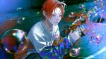  1boy commission ear_piercing earrings english_text front_ponytail highres holding jewelry lip_piercing long_sleeves male_focus necklace open_mouth original piercing ponponpananda red_eyes redhead ring soap_bubbles tongue tongue_out toy_gun 