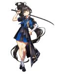  1girl absurdres bandages bangs black_hair black_serafuku black_skirt blue_neckerchief closed_mouth grey_eyes high_ponytail highres holding holding_sword holding_weapon jin_(homuseka) loafers long_hair looking_at_viewer mika_pikazo neckerchief official_art pleated_skirt sailor_collar school_uniform serafuku shirt shoes short_sleeves skirt socks solo standing sword very_long_hair waga_homura_ni_hirefuse_sekai weapon white_socks 