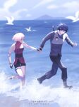  1boy 1girl bike_shorts black_gloves black_pants black_shorts blue_hair boruto:_naruto_next_generations closed_eyes closed_mouth couple day dress_shirt elbow_pads floating_hair gloves grey_shirt grin haruno_sakura hetero highres jacket knee_pads long_sleeves naruto_(series) ocean outdoors pants pink_hair red_jacket running shiny shiny_hair shirt short_hair short_shorts shorts sleeveless sleeveless_jacket smile tenartistt uchiha_sasuke wristband 