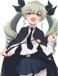  1girl :d absurdres anchovy_(girls_und_panzer) bangs belt belt_buckle black_belt black_cape black_necktie black_ribbon blue_skirt blush bright_pupils buckle cape collared_shirt commentary_request girls_und_panzer green_hair hair_ribbon highres holding_riding_crop long_hair long_sleeves looking_at_viewer necktie nijizuki_shino pantyhose pleated_skirt red_eyes ribbon riding_crop shirt simple_background skirt smile solo twintails white_background white_pantyhose white_pupils white_shirt 