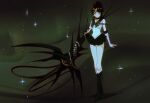  1990s_(style) 1girl bishoujo_senshi_sailor_moon black_choker boots bow bright_pupils choker circlet commentary elbow_gloves eyeshadow full_body gloves green_bow hair_up highres knee_boots leotard long_legs looking_at_viewer makeup miniskirt original pale_skin pleated_skirt retro_artstyle sailor_collar sailor_senshi_uniform sharp_teeth short_bangs short_eyebrows short_sleeves skirt slime_(substance) sparkle sparkle_background spikes sticky_(stickysheep) symbiote teeth thick_eyebrows white_gloves white_leotard white_pupils 