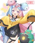  1girl :d bangs bellibolt blue_hair blush character_hair_ornament coletta_(colet_colettia) commentary_request eyelashes grey_pantyhose grey_shirt hair_ornament highres iono_(pokemon) jacket long_hair multicolored_hair open_mouth pantyhose pink_hair pokemon pokemon_(creature) pokemon_(game) pokemon_sv sharp_teeth shirt single_leg_pantyhose sleeveless sleeveless_shirt sleeves_past_fingers sleeves_past_wrists smile teeth thigh_strap two-tone_hair upper_teeth yellow_jacket 