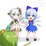  3girls :d ? absurdres ahoge aqua_hair bangs blue_eyes bow bracelet cape cirno commentary crossover daiyousei detached_sleeves dress fairy_wings genshin_impact gradient_hair green_eyes green_hair hair_between_eyes hair_bow hair_ornament hair_ribbon hand_on_hip highres ice ice_wings jewelry long_hair looking_at_viewer multicolored_hair multiple_girls nahida_(genshin_impact) out_of_frame parted_lips pointy_ears ribbon short_hair short_sleeves side_ponytail sidelocks simple_background smile star_(symbol) stirrup_legwear thought_bubble toeless_legwear touhou v-shaped_eyebrows white_background white_dress white_hair wings xue_xue 