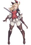  1girl ahoge blonde_hair blue_eyes boots bow bravely_default:_flying_fairy bravely_default_(series) breasts closed_mouth edea_lee full_body gloves hair_bow highres legs long_hair looking_at_viewer shouma_(bravespiritya) simple_background smile solo sword weapon 