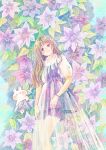  1girl animal artist_name bangs blush blush_stickers bracelet clematis_(flower) dress floral_background flower frilled_shirt_collar frilled_sleeves frills hand_on_own_leg head_tilt highres jewelry leaf light_particles light_purple_hair long_hair momochy multicolored_background original parted_lips pastel_colors pinafore_dress plant purple_dress purple_flower purple_skirt rabbit see-through see-through_dress shirt short_sleeves signature skirt smile spaghetti_strap sparkling_eyes starry_sky_print violet_eyes white_flower white_shirt 