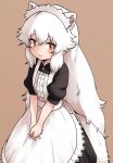  1girl alternate_costume animal_ears apron arctic_fox_(kemono_friends) black_dress blush collar dress enmaided extra_ears fox_ears fox_girl fox_tail frilled_apron frilled_collar frills high_collar highres kemono_friends long_hair looking_at_viewer looking_up maid maid_apron maid_headdress orange_eyes own_hands_together puffy_short_sleeves puffy_sleeves rumenia_(ao2is) short_sleeves sidelocks solo suspenders tail white_apron white_hair 
