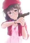  absurdres brown_eyes brown_hair closed_mouth dress earrings glasses gun handgun hat highres holding holding_gun holding_weapon jacket jewelry lusan666 m1911 original pink_dress red_hat_girl_(lusan666) red_headwear red_jacket star_(symbol) star_earrings weapon white_background wristband 