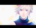  1boy armor blonde_hair blue_eyes blurry blurry_foreground closed_mouth cloud_strife falling_petals final_fantasy final_fantasy_vii hair_between_eyes happy_birthday letterboxed looking_at_viewer male_focus petals short_hair shoulder_armor single_bare_shoulder sleeveless sleeveless_turtleneck solo turtleneck white_background yui_(nightflight) 