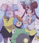  343rone absurdres bellibolt blue_eyes bow bow-shaped_hair brown_hair character_hair_ornament double_bun doughnut_hair_bun hair_bun hair_ornament hexagon_print highres iono_(pokemon) jacket long_hair oversized_clothes pink_bow pokemon pokemon_(game) pokemon_bw2 pokemon_sv raglan_sleeves rosa_(pokemon) single_leg_pantyhose sleeves_past_fingers sleeves_past_wrists twintails very_long_hair very_long_sleeves visor_cap yellow_jacket 