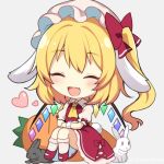  1girl :d animal_ears ascot blonde_hair bow carrot chibi closed_eyes facing_viewer fang flandre_scarlet floppy_ears full_body heart lowres one_side_up rabbit rabbit_ears rainbow red_bow red_footwear ruhika smile socks touhou white_headwear white_socks yellow_ascot 
