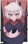  1girl absurdres black_horns black_vest cellphone commentary_request demon_girl demon_horns demon_tail grumpy helltaker highres horns malina_(helltaker) nail_polish phone red_eyes red_shirt ryuusui_arumo shirt smartphone tail vest vest_over_shirt white_hair 