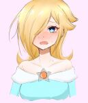  1girl bare_shoulders blonde_hair blue_eyes closed_mouth earrings hair_over_one_eye highres jewelry long_sleeves looking_at_viewer medium_hair rosalina simple_background smile solo star_(symbol) star_earrings super_mario_bros. super_mario_galaxy super_mario_galaxy_2 tomatomiya upper_body white_background 
