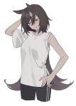  1girl animal_ears arm_up bangs black_pants breasts brown_hair cropped_legs furrowed_brow hakuhatsu hand_in_own_hair hand_on_hip horse_ears long_hair looking_to_the_side pants red_eyes shirt short_sleeves simple_background sirius_symboli_(umamusume) small_breasts solo umamusume white_background white_shirt 