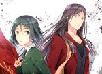  2boys bangs black_hair cloak coat fate/grand_order fate/zero fate_(series) formal hair_between_eyes holding holding_cloth long_hair looking_at_viewer lord_el-melloi_ii multiple_boys necktie open_mouth sakura_tsubame scarf shirt short_hair suit tattoo upper_body waver_velvet white_shirt 