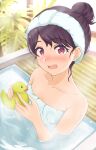  1girl artist_request bare_shoulders bathing bathtub black_hair collarbone commentary_request fangs fukumaru_koito hair_bun highres idolmaster idolmaster_shiny_colors looking_at_viewer naked_towel open_mouth partially_submerged rubber_duck single_hair_bun skin_fangs solo steam towel violet_eyes water wet 