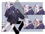  1girl :d :o ? abigail_williams_(fate) abigail_williams_(third_ascension)_(fate) abigail_williams_(traveling_outfit)_(fate) bangs barcode black_bow black_jacket blood blood_on_face bow character_name cowboy_shot cross-shaped_pupils evil_grin evil_smile expressions fate/grand_order fate_(series) frown glitch grey_background grin hair_bow hand_up highres jacket keyhole long_sleeves looking_at_viewer modotteku multiple_hair_bows open_mouth orange_belt orange_bow parted_bangs portrait red_eyes sleeves_past_fingers sleeves_past_wrists smile white_hair 