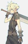  1boy absurdres aqua_eyes armor baggy_pants bandaged_arm bandages belt blonde_hair brown_gloves cloud_strife cowboy_shot earrings final_fantasy final_fantasy_vii gloves hair_between_eyes highres holding holding_sword holding_weapon jewelry looking_to_the_side male_focus over_shoulder pants short_hair shoulder_armor single_bare_shoulder single_earring sleeveless sleeveless_turtleneck solo spiky_hair suspenders sword toned toned_male tpqmsrp turtleneck weapon weapon_over_shoulder 
