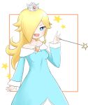  1girl bare_shoulders blonde_hair blue_eyes closed_mouth dress earrings hair_over_one_eye highres jewelry long_hair long_sleeves looking_at_viewer medium_hair rosalina simple_background smile solo star_(symbol) star_earrings super_mario_bros. super_mario_galaxy super_mario_galaxy_2 tomatomiya upper_body wand white_background 