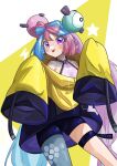 1girl arus_othellonia bow-shaped_hair character_hair_ornament cosplay hair_ornament hexagon_print highres iono_(pokemon) iono_(pokemon)_(cosplay) jacket long_hair low-tied_long_hair no_nose oversized_clothes pokemon pokemon_(game) pokemon_sv shirt single_leg_pantyhose sleeveless sleeveless_shirt sleeves_past_fingers sleeves_past_wrists solo twintails very_long_sleeves x yellow_jacket