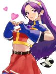  1girl asamiya_athena belt blue_gloves fingerless_gloves gloves hair_ornament hairband heart heart_hands highres long_hair looking_at_viewer navel oni_gini panda parted_lips purple_hair red_skirt skirt smile star_(symbol) star_hair_ornament the_king_of_fighters violet_eyes white_hairband 