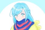  1boy blue_eyes blue_hair bright_pupils closed_mouth commentary_request eyelashes grusha_(pokemon) jacket jjinppang_(11010011) long_hair looking_at_viewer male_focus pokemon pokemon_(game) pokemon_sv scarf shiny shiny_hair solo striped striped_scarf upper_body white_pupils yellow_jacket 