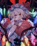  1girl ascot ayahi_4 bangs blonde_hair closed_mouth commentary_request crystal dress flandre_scarlet foot_out_of_frame hat hat_ribbon highres looking_at_viewer medium_hair mob_cap own_hands_together red_dress red_eyes red_ribbon ribbon shirt short_sleeves slit_pupils smile socks solo touhou white_headwear white_shirt white_socks wings wrist_cuffs yellow_ascot 