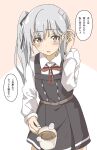  1girl black_ribbon brown_eyes collared_shirt commentary_request cowboy_shot cup dress dress_shirt grey_hair hair_ribbon highres kantai_collection kasumi_(kancolle) kasumi_kai_ni_(kancolle) kirisaki_seeker leaning_forward long_hair long_sleeves mug neckerchief pinafore_dress red_neckerchief red_ribbon ribbon shirt side_ponytail solo translation_request white_shirt 