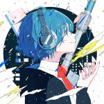  1girl black_jacket blue_eyes blue_hair bob_cut bow bowtie cityscape commentary confetti from_side hagimorijia headphones highres jacket long_sleeves looking_up nail_polish notebook original oversized_object pen profile red_bow red_bowtie red_nails shirt short_hair simple_background smile solo upper_body white_background white_shirt 