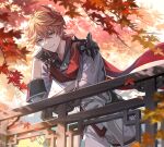  1boy ahoge autumn autumn_leaves bangs blue_eyes blurry blurry_background branch closed_mouth collarbone collared_shirt commentary_request crossed_bangs crystal crystal_earrings earrings fence genshin_impact gloves grey_gloves grey_jacket grey_pants hair_between_eyes hand_on_own_face hand_up highres jacket jewelry leaf long_sleeves looking_at_viewer male_focus mask mask_on_head mountain orange_hair outdoors pants red_mask red_scarf red_shirt scarf shirt short_hair single_earring smile solo sunlight tartaglia_(genshin_impact) tree usagishi vision_(genshin_impact) watermark white_sky 