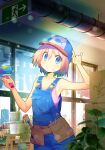  1girl absurdres armpits bare_arms bare_shoulders baseball_cap blue_eyes blue_pants collarbone commentary_request flat_chest grin hat highres indoors light_brown_hair looking_at_viewer mishiki_sakana nail_polish original overalls paint pants print_headwear short_hair smile solo tank_top teeth 