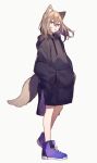  1girl :p animal_ear_fluff animal_ears black_hoodie full_body hands_in_pockets highres hood hood_down hoodie light_brown_hair long_hoodie long_sleeves medium_hair no_pants original puffy_long_sleeves puffy_sleeves shugao tail tongue tongue_out wolf_ears wolf_girl wolf_tail 