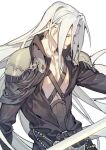  1boy absurdres armor bangs belt black_jacket chest_strap closed_eyes final_fantasy final_fantasy_vii grey_hair high_collar highres jacket long_bangs long_hair long_sleeves looking_down male_focus open_collar parted_bangs sephiroth shoulder_armor solo tpqmsrp upper_body white_background 